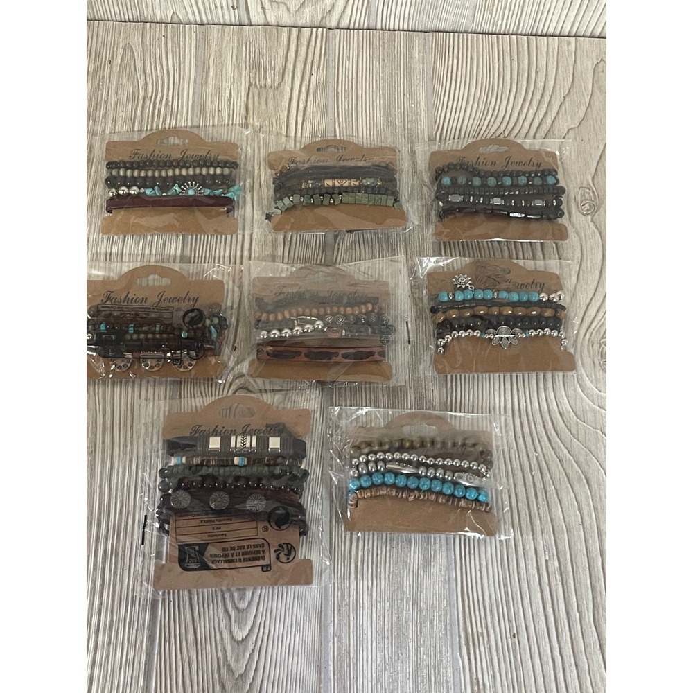 8 Sets Boho Stackable Beaded Bracelets Turquoise Wood Leather Festival Jewelry